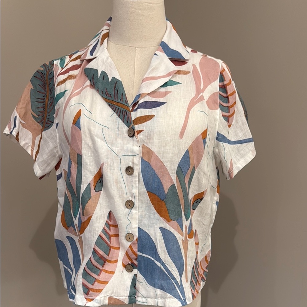 Cynthia Rowley Multicolor linen Leaf Print Button Down Shirt